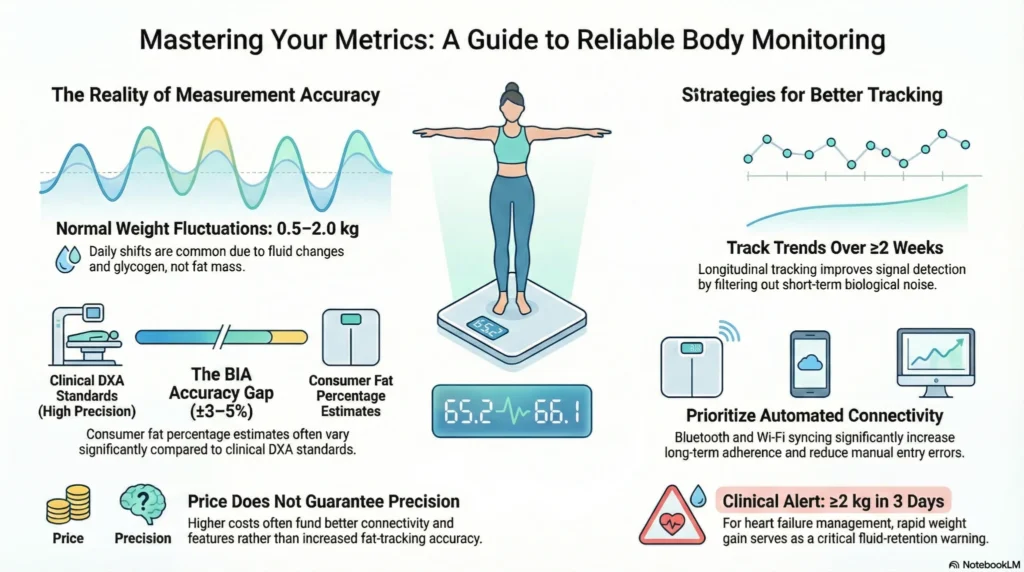 Infographic explaining best smart scales accuracy limits, normal weight fluctuations, BIA error range, DXA comparison, and strategies for reliable body composition tracking over time.