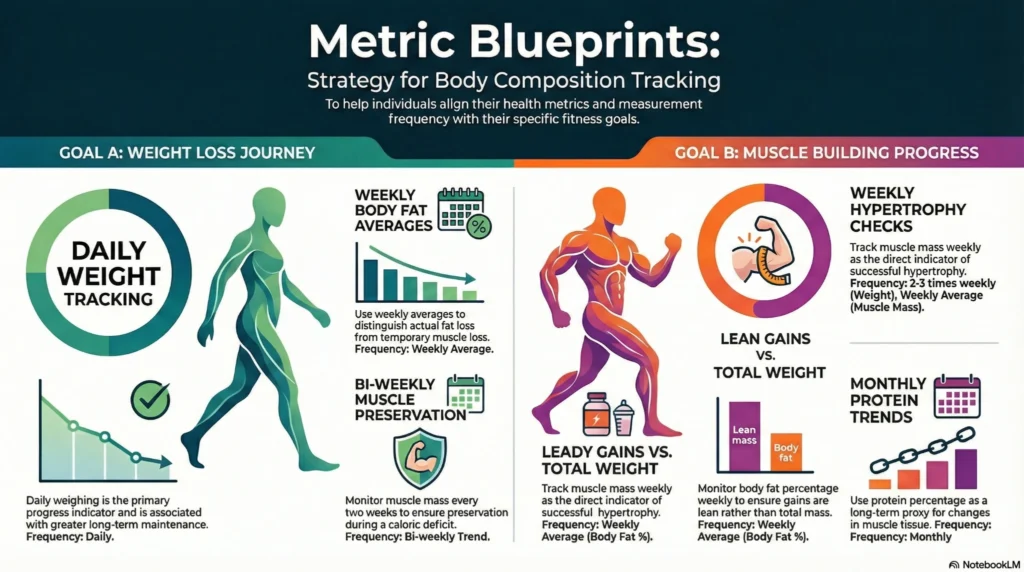 Infographic outlining body composition tracking strategies for weight loss and muscle building, including daily weight tracking, weekly body fat averages, and hypertrophy monitoring.