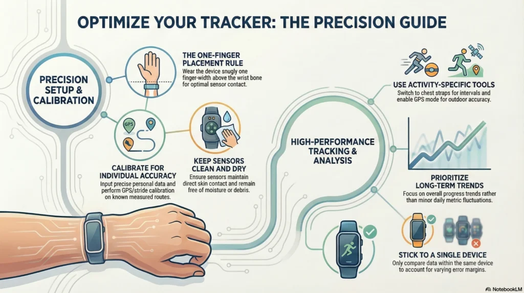 optimize-fitness-tracker-precision-guide-infographic Infographic showing how to optimize fitness tracker accuracy, including wrist placement, calibration, sensor care, activity-specific settings, and long-term trend analysis.