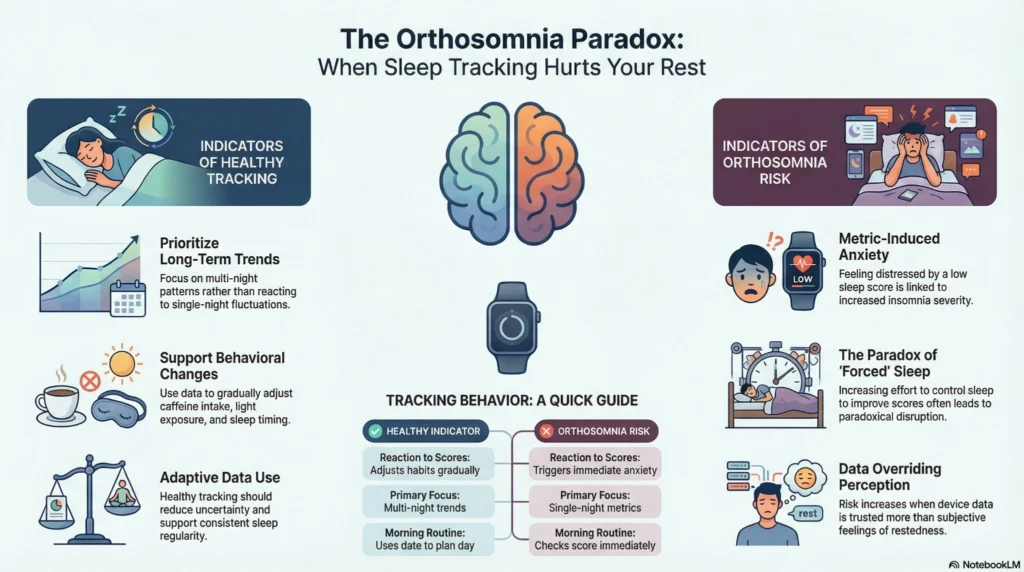 orthosomnia-paradox-sleep-tracking-infographic-2026 Infographic explaining orthosomnia risk, showing how sleep tracking anxiety, score obsession, and data overreliance can negatively affect sleep quality.