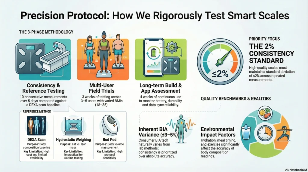 Infographic showing a 3-phase precision testing protocol for smart scales including consistency testing, multi-user trials, long-term app assessment, and a 2 percent consistency standard benchmarked against DEXA scans.