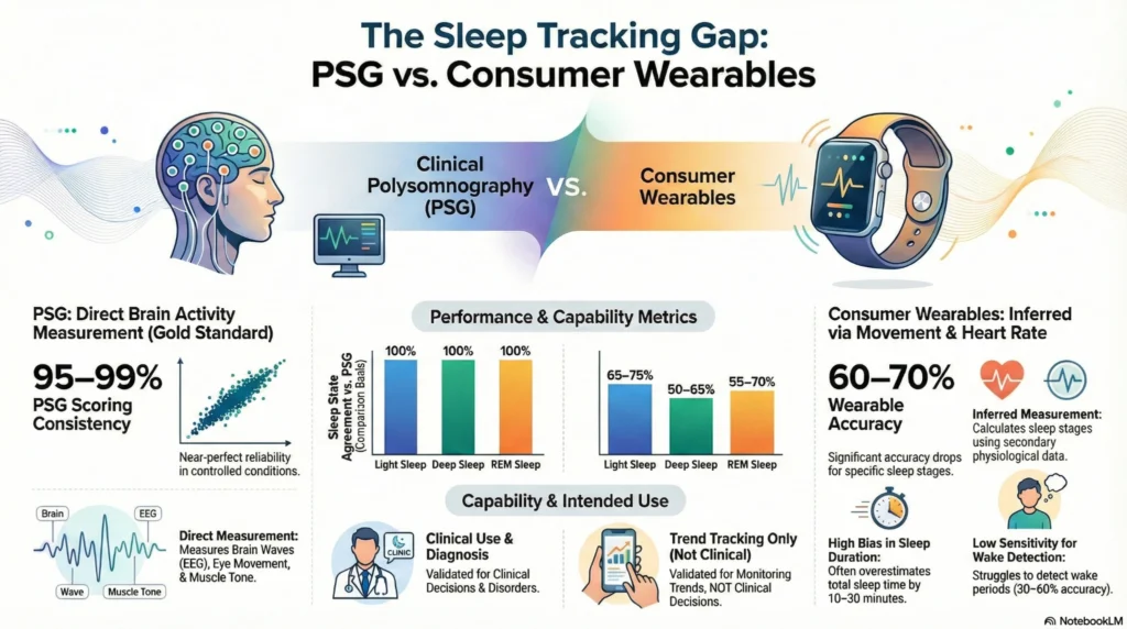 psg-vs-consumer-wearables-sleep-tracking-infographic-2026 Infographic comparing polysomnography (PSG) and consumer wearables for sleep tracking accuracy, showing 95–99% PSG consistency vs 60–70% wearable accuracy.