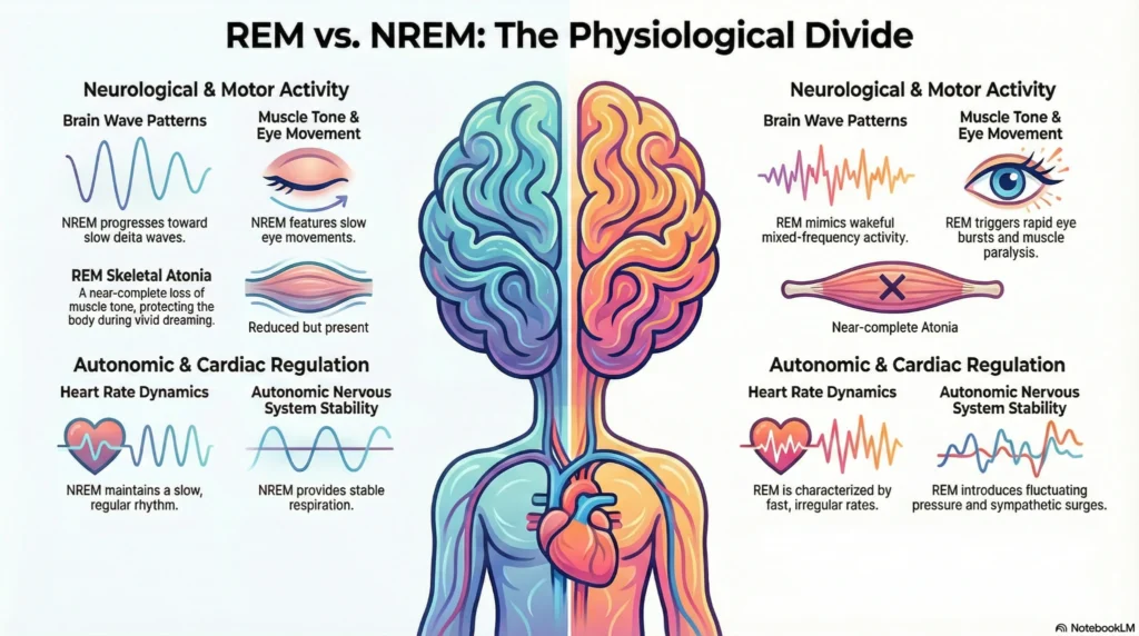 Diagram comparing REM and NREM sleep, showing differences in brain wave activity, muscle tone, eye movement, heart rate, and autonomic nervous system regulation.