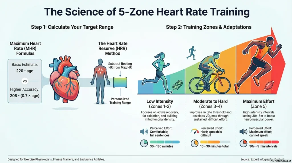 Infographic explaining the science of 5-zone heart rate training, target heart rate calculation, and training adaptations.