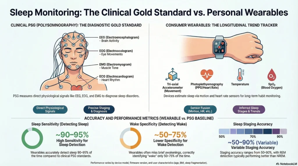 sleep-monitoring-psg-vs-wearables-infographic Infographic comparing clinical polysomnography (PSG) and consumer wearables for sleep monitoring, showing EEG, EOG, EMG signals and accuracy metrics.