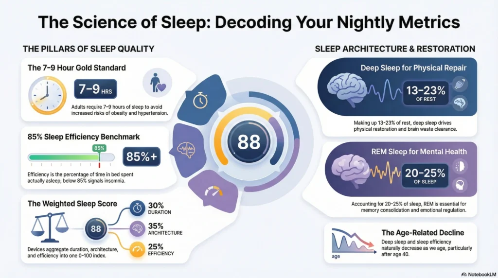 sleep-science-nightly-metrics-infographic-2026 Infographic explaining sleep science metrics including sleep score, efficiency benchmark, deep sleep 13–23%, REM 20–25%, and 7–9 hour sleep duration standard.