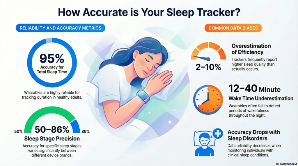 Infographic explaining sleep tracker accuracy, showing reliability of total sleep time, variability in sleep stage precision, and common data biases like overestimated efficiency.