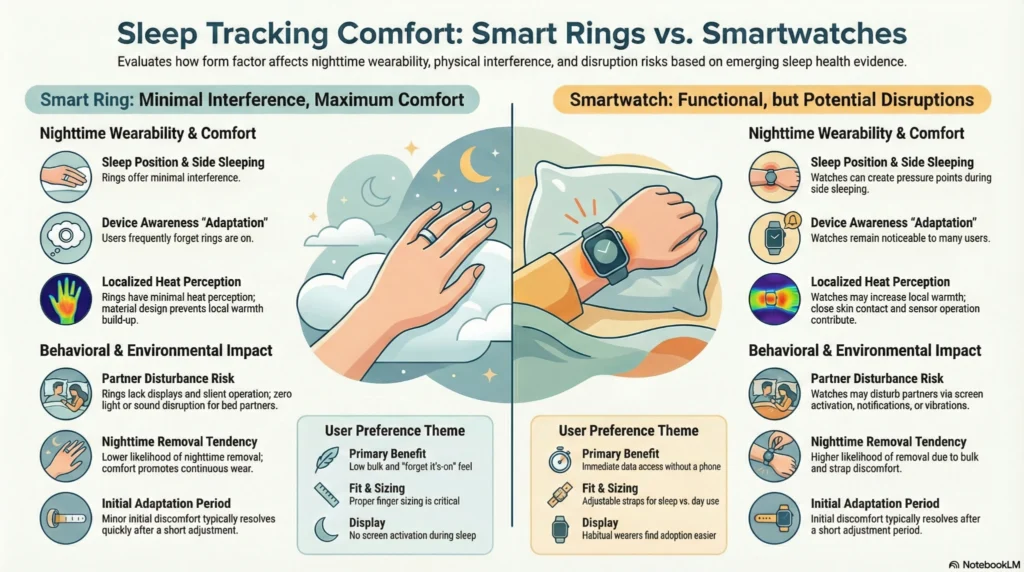 Infographic comparing sleep tracking comfort of smart rings versus smartwatches during nighttime wear and side sleeping.