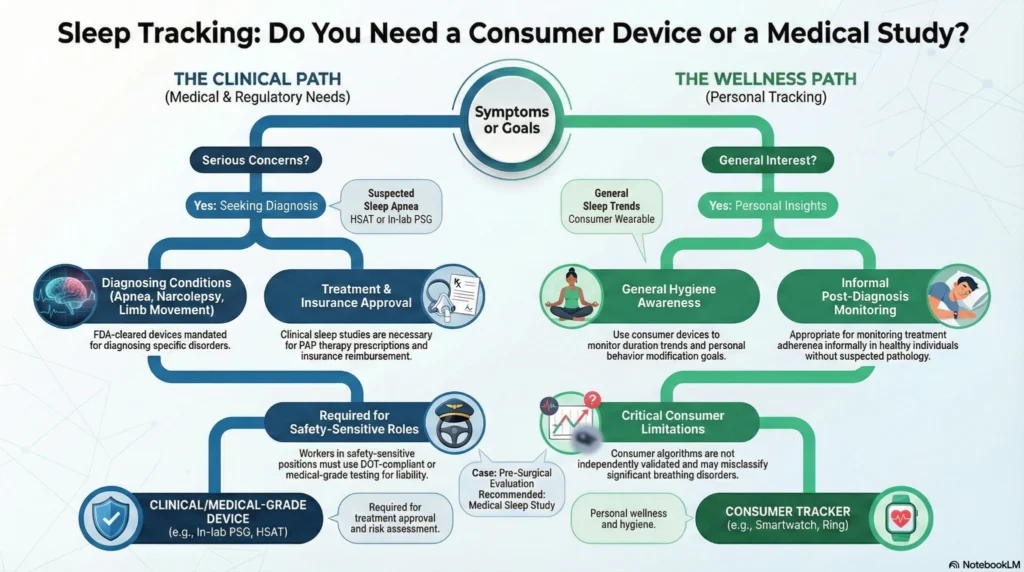 Flowchart comparing consumer sleep trackers with clinical sleep studies, showing when medical-grade testing is required.