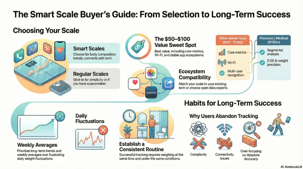 Infographic explaining how to buy smart scales, comparing regular vs smart scales, pricing tiers from $50 to $150+, ecosystem compatibility, weekly weight averages, daily fluctuations, and long-term tracking habits.