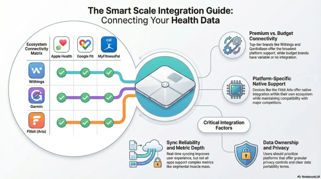 smart-scale-integration-health-data-infographic-2026 Infographic showing smart scale integration with Apple Health, Google Fit, and MyFitnessPal, plus connectivity, syncing reliability, and privacy considerations.