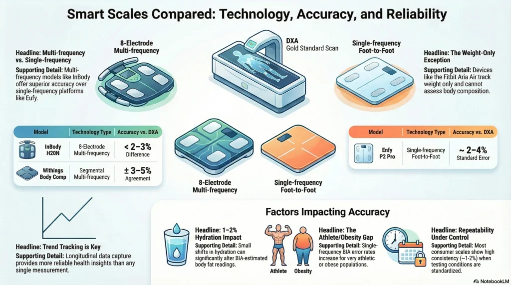Infographic comparing smart scale technologies including 8-electrode multi-frequency, single-frequency foot-to-foot, and DXA reference scans, with accuracy ranges and factors affecting reliability.