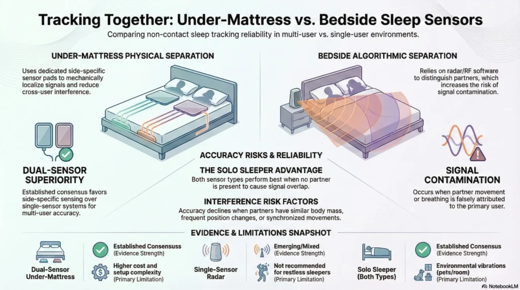 Comparison of under-mattress and bedside sleep sensors showing accuracy differences, signal contamination risks, and partner interference in shared beds.
