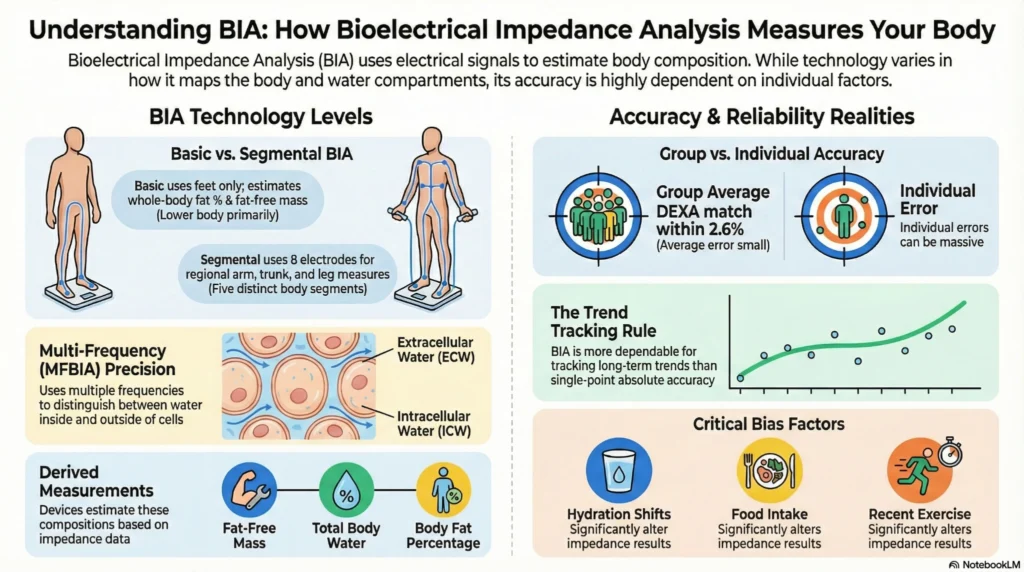 understanding-bia-bioelectrical-impedance-analysis-infographic-2026 Infographic explaining bioelectrical impedance analysis including segmental vs basic BIA, multi frequency measurement, trend tracking reliability, and factors affecting accuracy like hydration and exercise.