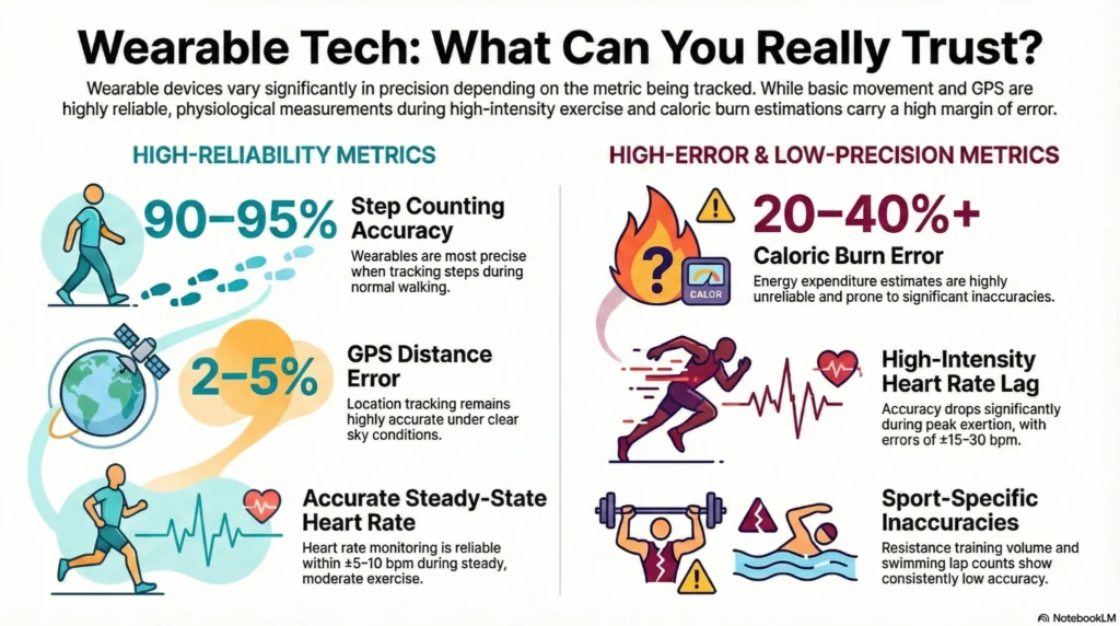 wearable-tech-metrics-accuracy-trust-infographic Infographic explaining which wearable health metrics are most reliable, comparing step counting, GPS distance, and steady heart rate accuracy with higher error metrics like calorie burn and high-intensity heart rate.