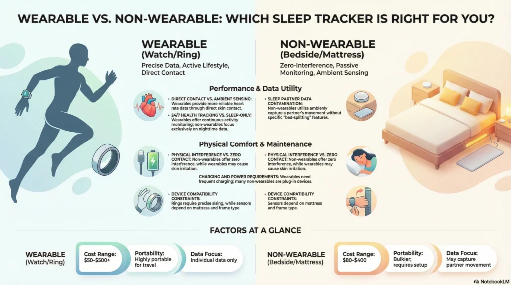 Infographic comparing wearable and non-wearable sleep trackers, showing differences in smart rings, smartwatches, and bedside or under-mattress sleep sensors for accuracy, comfort, and data tracking.