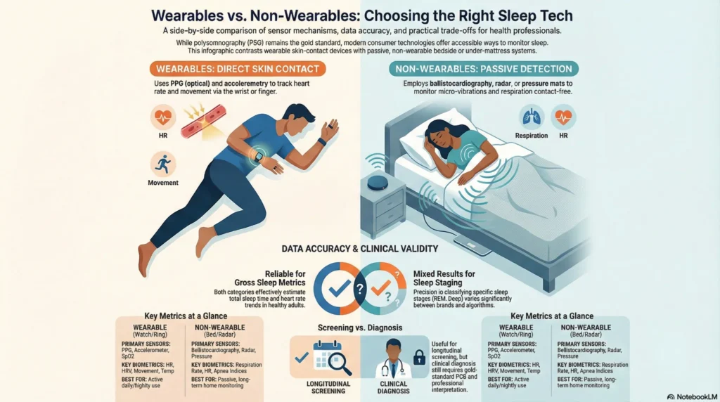 Infographic comparing wearable and non-wearable sleep tracking devices, showing sensors, accuracy, and clinical use cases.