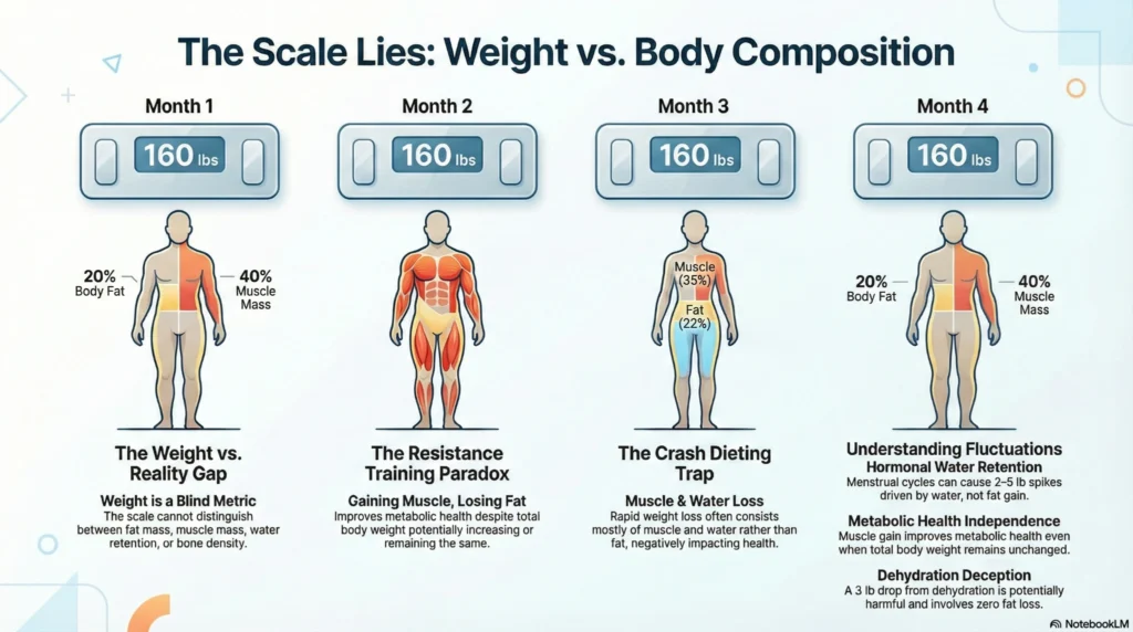 Infographic showing four-month comparison of weight staying at 160 lbs while body composition shifts between fat and muscle mass.