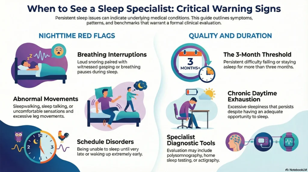 Infographic outlining when to see a sleep specialist, highlighting nighttime red flags, chronic sleep duration issues, daytime exhaustion, and diagnostic evaluation triggers.