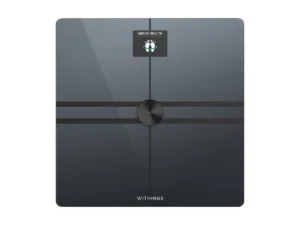 Front view of Withings Body Comp smart scale featuring nerve health assessment display and multi-sensor body composition platform in black glass finish.