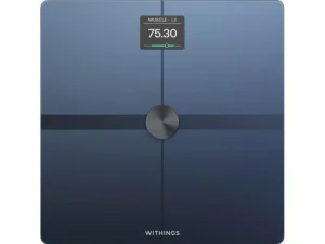 Withings Body + smart scale in blue glass finish displaying muscle mass measurement on digital screen.