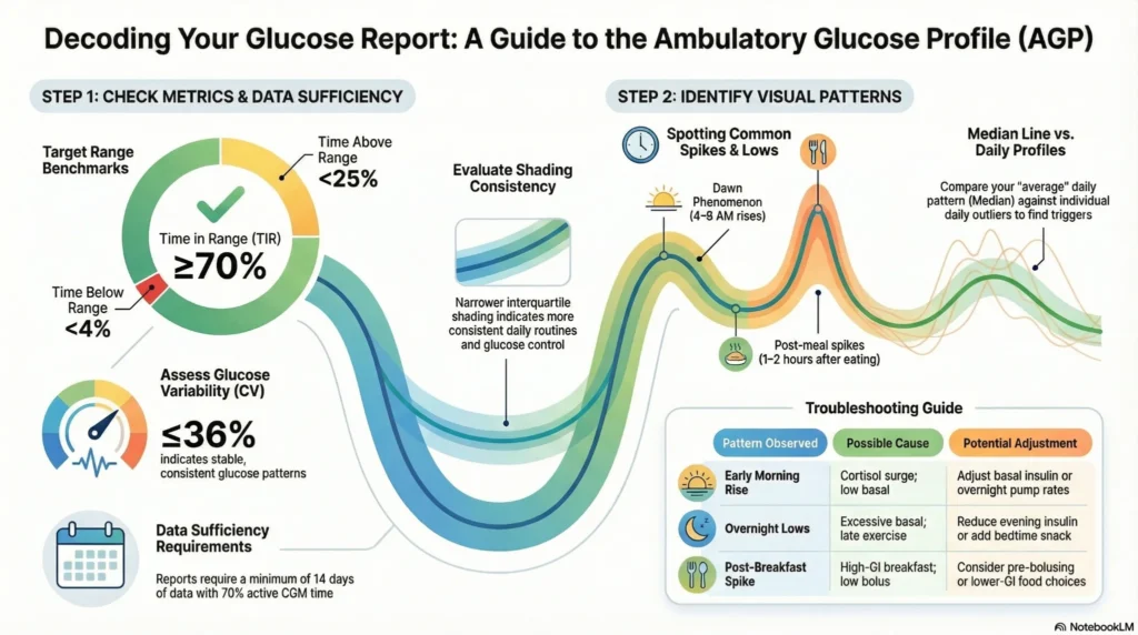 Infographic explaining how to interpret an ambulatory glucose profile report, including time in range, glucose variability, and pattern recognition