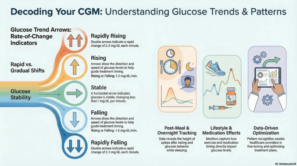 cgm-glucose-trends-patterns Infographic explaining CGM glucose trend arrows, including rising, falling, stable, and rapid changes, along with insights into glucose patterns from meals, lifestyle, and medication