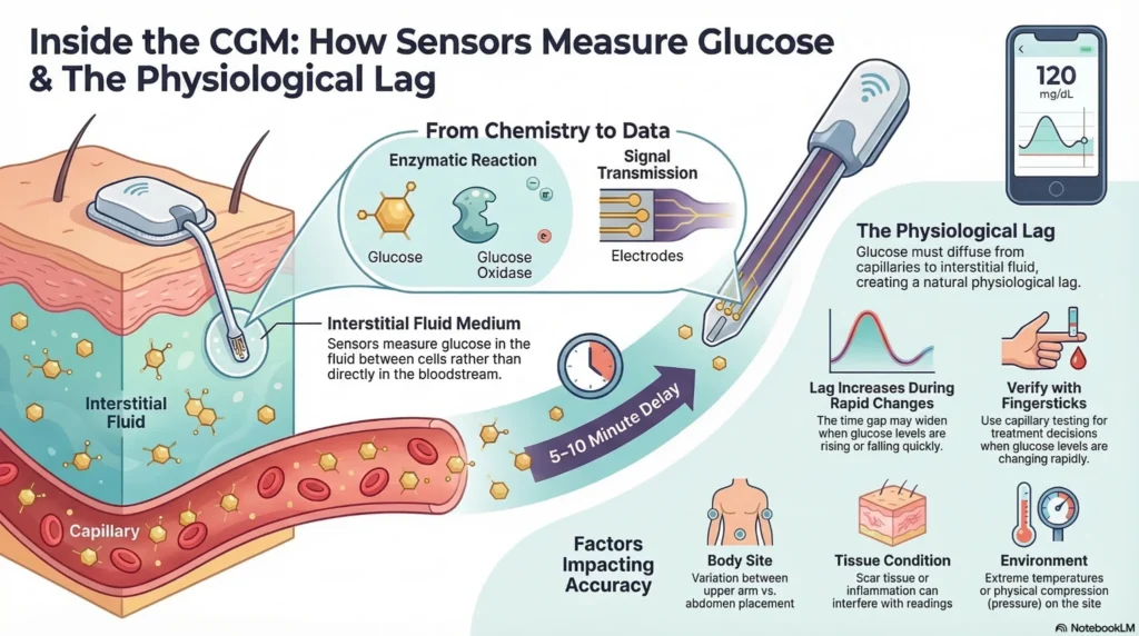 cgm-sensor-glucose-mechanism Diagram showing how continuous glucose monitor sensors measure glucose in interstitial fluid, including enzymatic reaction, signal transmission, and physiological lag between blood and sensor readings