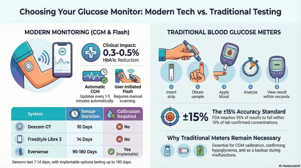 glucose-monitor-comparison-cgm-vs-traditional (1) Infographic comparing continuous glucose monitors and traditional blood glucose meters including accuracy standards, usage steps, and sensor duration.