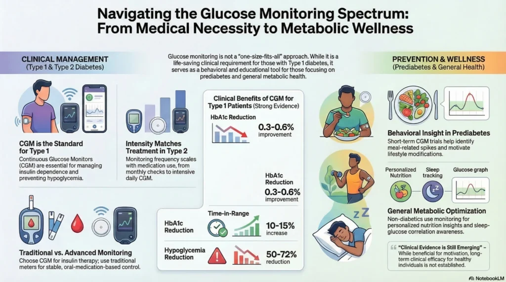 glucose-monitoring-spectrum-cgm Infographic showing the spectrum of glucose monitoring from clinical diabetes management to metabolic wellness, including CGM benefits, HbA1c reduction, time-in-range improvement, and lifestyle insights