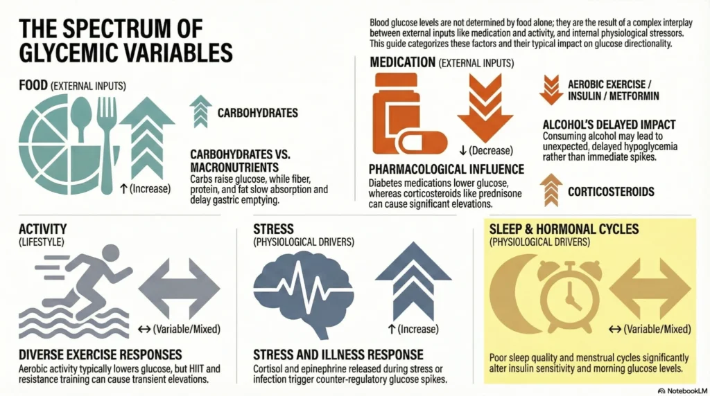 Infographic showing factors that influence blood glucose levels, including food, carbohydrates, exercise, stress, sleep cycles, and medications like insulin and corticosteroids