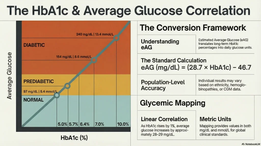 Infographic showing the relationship between HbA1c percentage and average glucose levels, including eAG conversion formula and diabetes risk categories