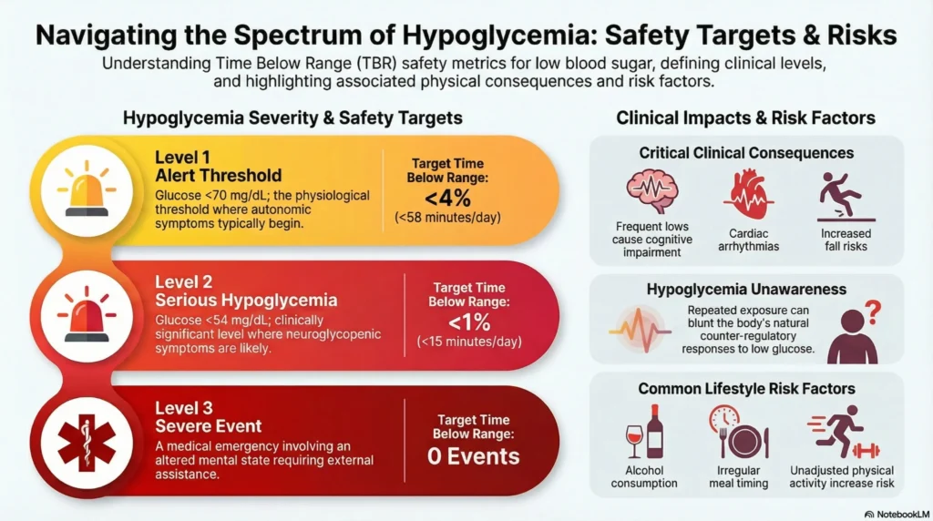 Infographic showing hypoglycemia severity levels, time below range targets, and associated clinical risks such as cognitive impairment and cardiac arrhythmias