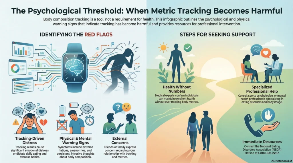 Infographic outlining psychological and physical warning signs that body composition or fitness tracking has become harmful.