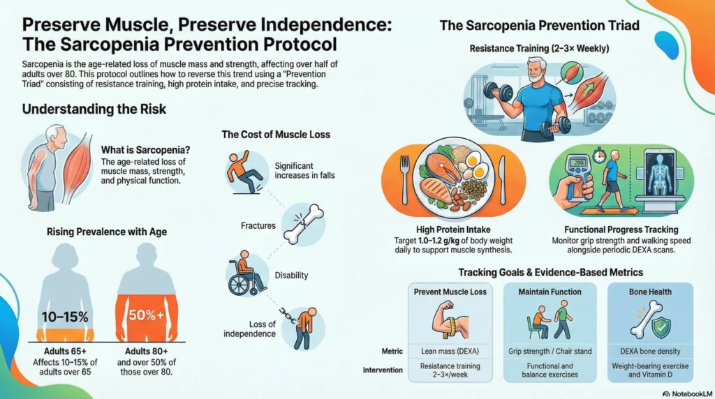 Infographic explaining sarcopenia prevention protocol including resistance training, protein intake, DEXA tracking, and fall risk reduction in older adults.