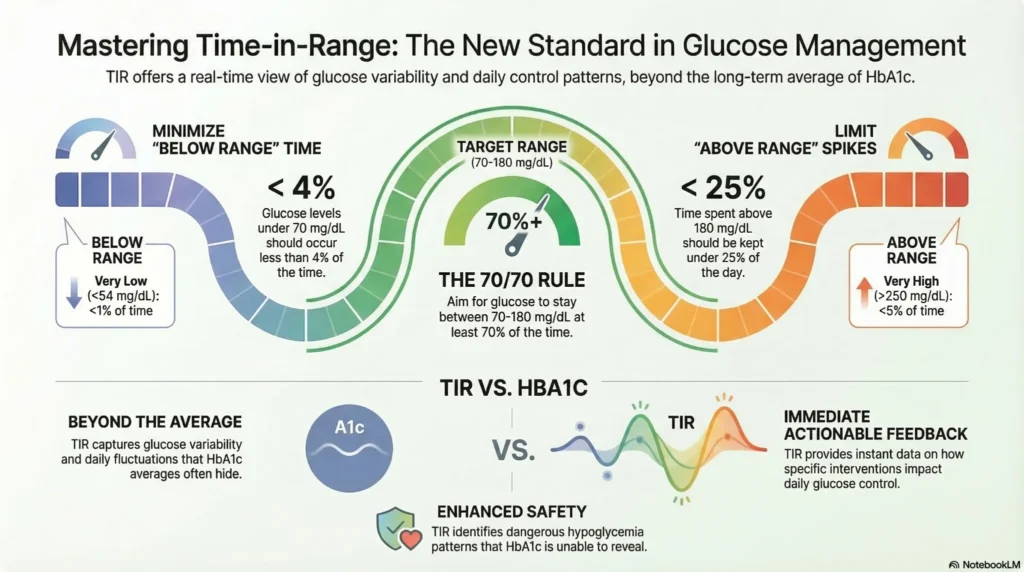 time-in-range-cgm-standard Infographic explaining time in range (TIR) targets for glucose management, including below range, target range, above range limits, and comparison with HbA1c