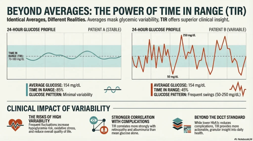 Infographic comparing two patients with identical average glucose but different time in range, highlighting glycemic variability and its clinical impact