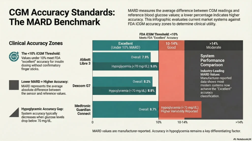 cgm-accuracy-mard-benchmark Infographic showing CGM accuracy standards using MARD values, FDA thresholds, and comparison of devices including Libre 3, Dexcom G7, and Medtronic Guardian