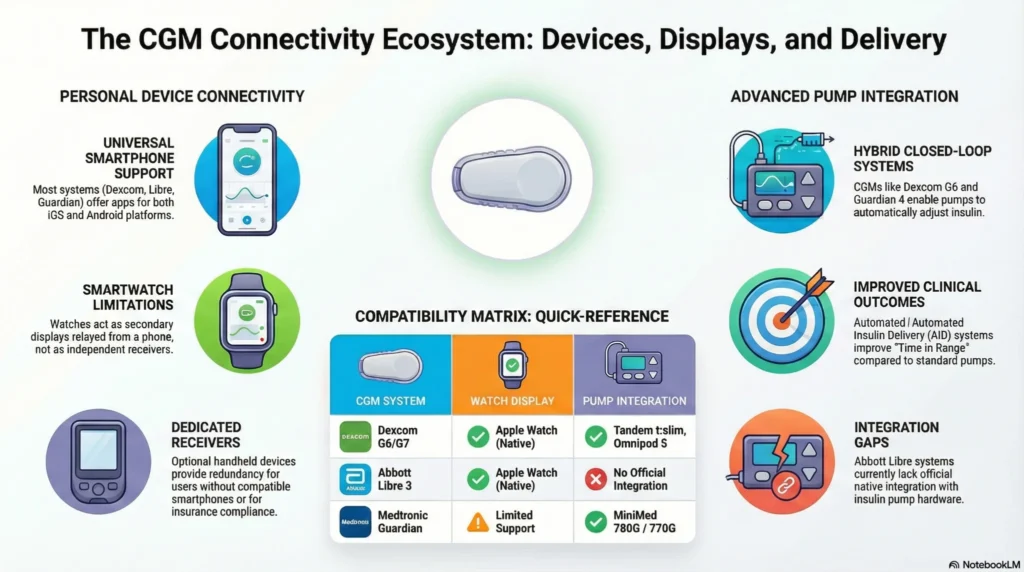 cgm-connectivity-ecosystem Infographic showing CGM connectivity ecosystem including smartphone apps, smartwatch displays, dedicated receivers, and insulin pump integration
