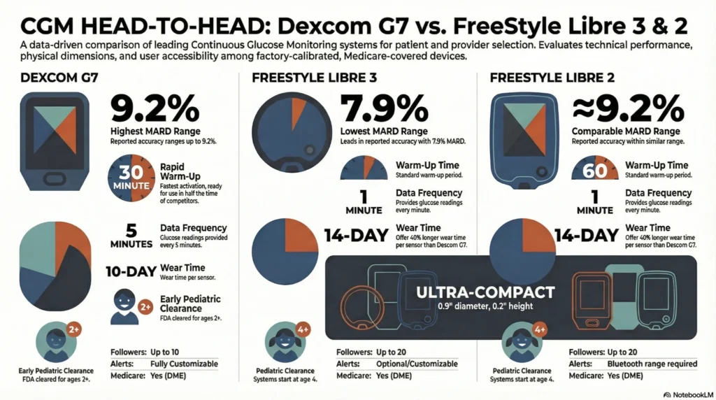 cgm-head-to-head-dexcom-g7-libre-3-2 Infographic comparing Dexcom G7, FreeStyle Libre 3, and Libre 2 continuous glucose monitors, including accuracy, wear time, data frequency, and features