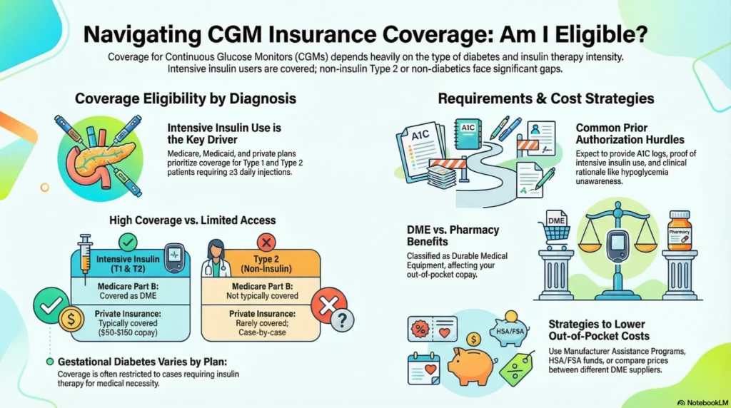 cgm-insurance-coverage-eligibility Infographic explaining CGM insurance coverage eligibility, including insulin use criteria, Medicare rules, prior authorization, and cost strategies
