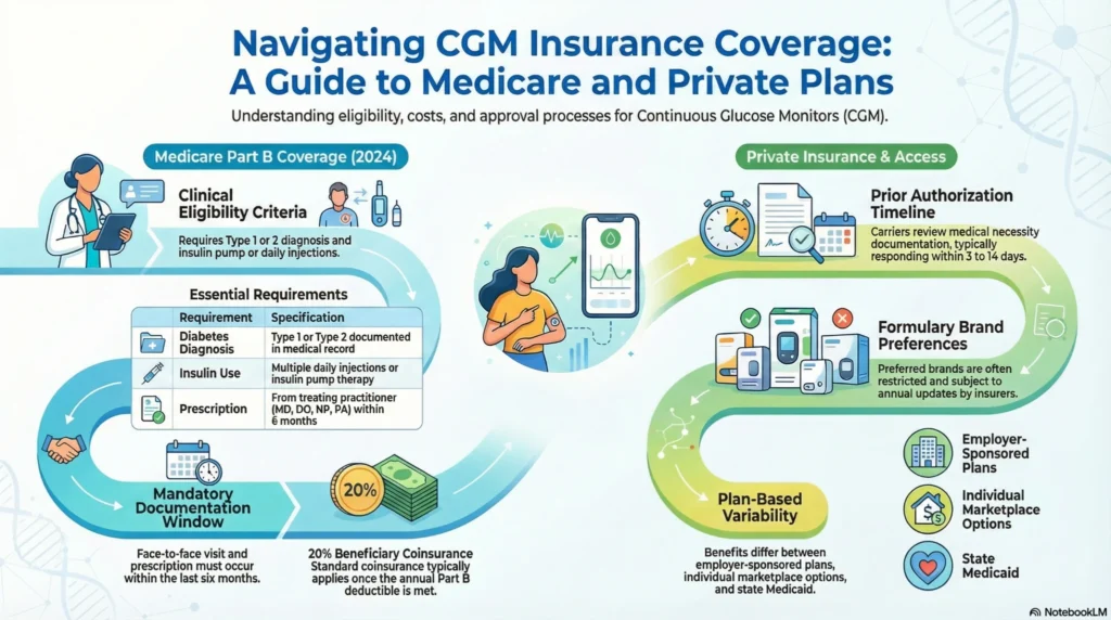 Infographic explaining CGM insurance coverage under Medicare Part B and private insurance, including eligibility criteria, prior authorization, and cost factors