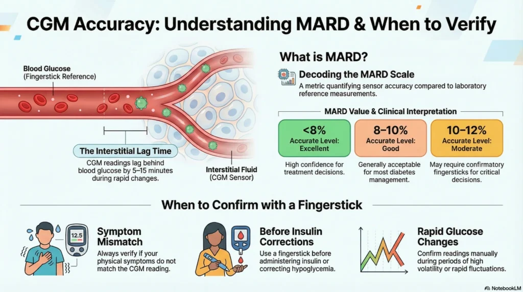 Infographic explaining CGM accuracy using MARD values, interstitial lag time, and situations when fingerstick verification is needed