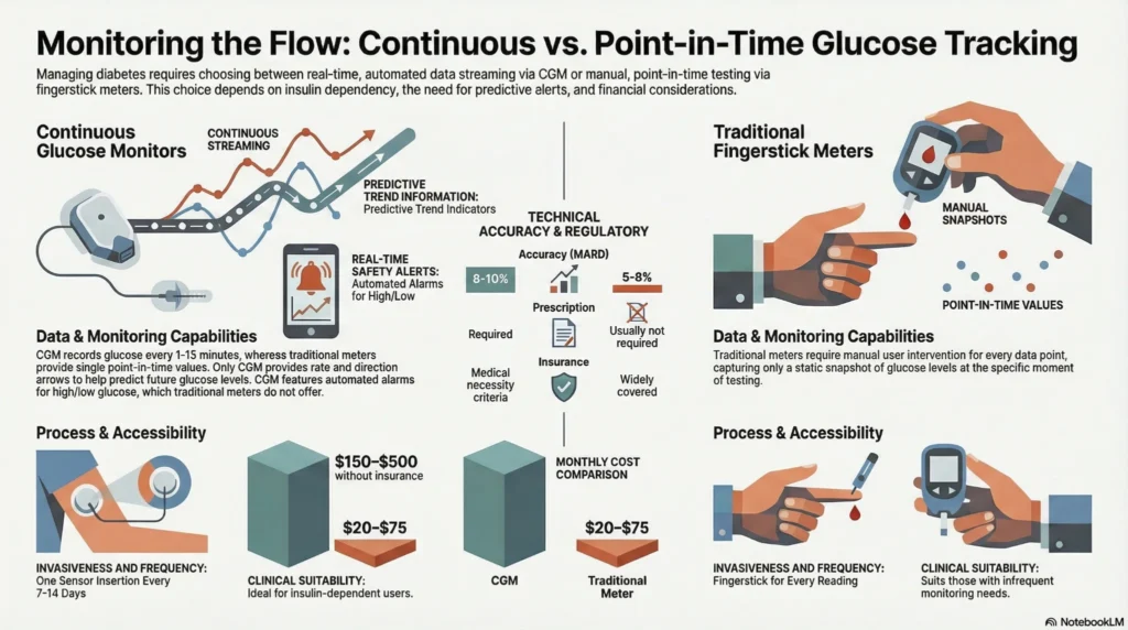Infographic comparing continuous glucose monitoring with fingerstick testing, highlighting real-time data, predictive alerts, accuracy, and usability differences