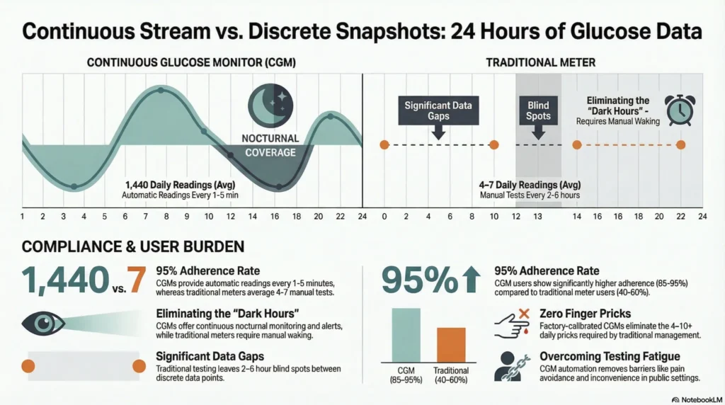 cgm-vs-traditional-glucose-monitoring Infographic to compare glucose monitors such as continuous glucose monitoring with traditional fingerstick testing, showing differences in data frequency, adherence, and glucose tracking accuracy