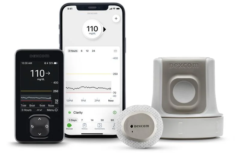 Dexcom G7 continuous glucose monitor showing sensor, receiver, and smartphone app with real-time glucose readings and trend graph