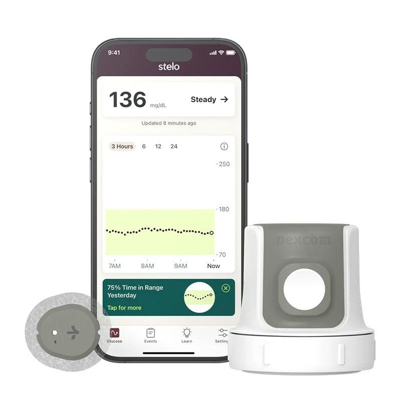 Dexcom Stelo app displaying glucose levels on smartphone with wearable CGM sensor device