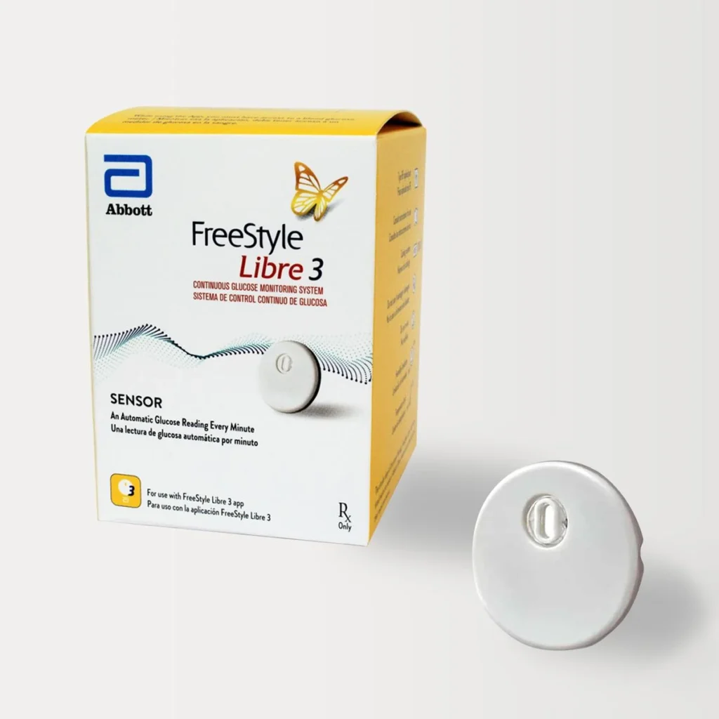FreeStyle Libre 3 continuous glucose monitoring sensor with product box by Abbott