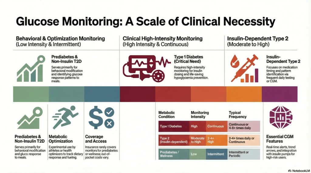 Infographic showing the scale of glucose monitoring from low-intensity behavioral tracking to high-intensity continuous monitoring for diabetes