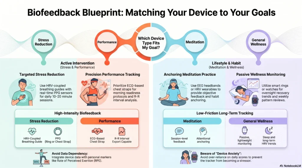 infographic showing how to match biofeedback and wearable devices to stress reduction performance meditation and wellness goals